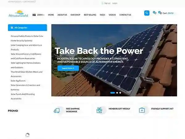 Homepage of the AfriSolarWorld online store, showing solar product categories and member pricing