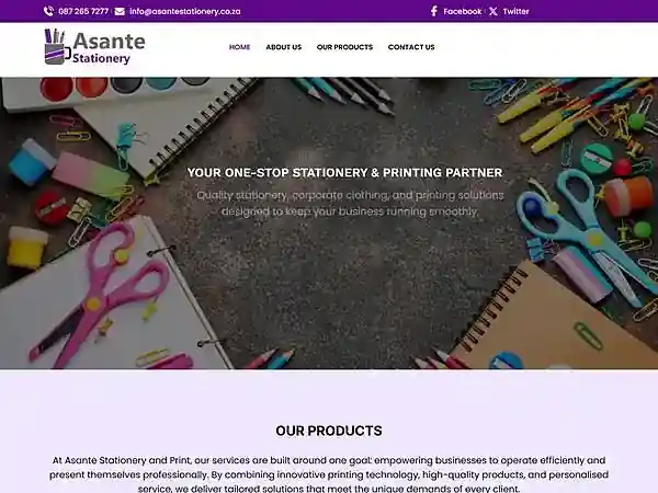 Homepage of the Asante Stationery website, showing its stationery and printing range