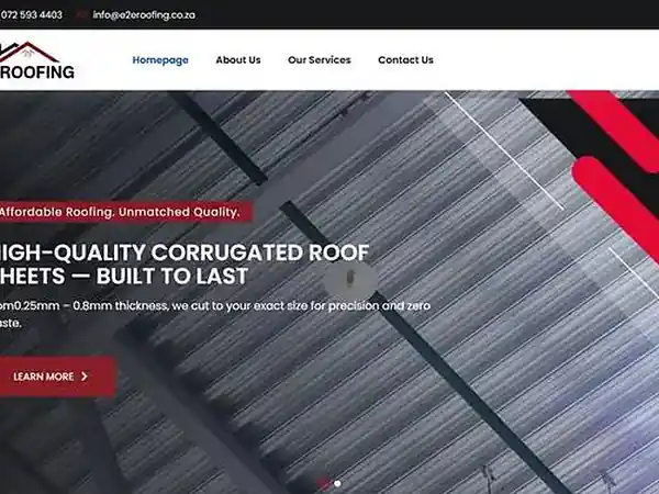 Homepage of the E2E Roofing website, showing roofing services and completed work