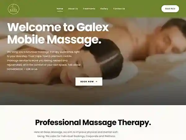 Homepage of the Galex Mobile Massage website, with a booking button
