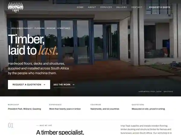 The Impi Teak homepage, showing reclaimed parquet, hardwood flooring and timber decking