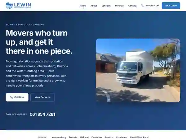 Homepage of the Lewin Projects and Logistics website, a moving and logistics company serving Gauteng