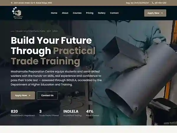 Homepage of the Mashamaite Preparation Centre website, showing trade training courses