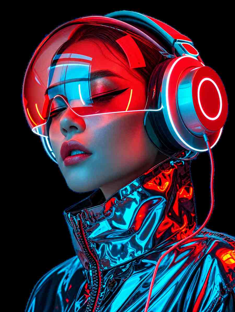 A woman wearing a mirrored visor and headphones in profile, lit by red and cyan light, facing the headline